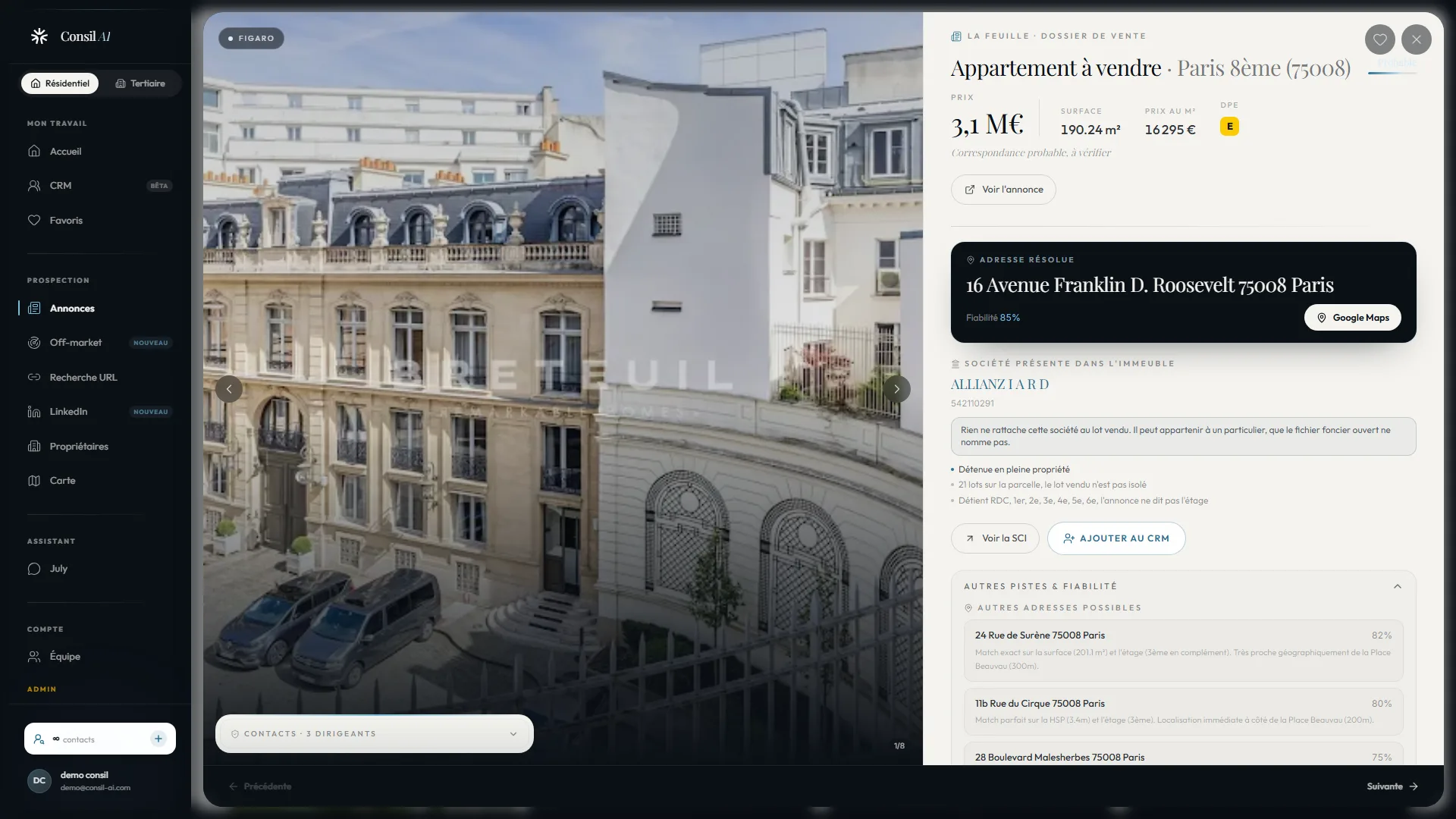 L’adresse exacte d’une annonce immobilière identifiée par Consil AI, avec son degré de fiabilité et les autres pistes écartées