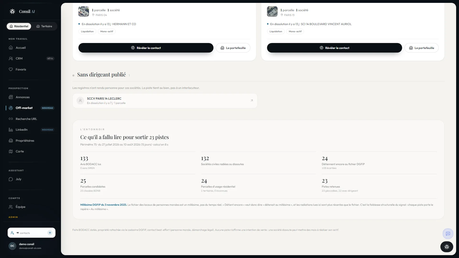 L’entonnoir off-market de Consil AI : 133 avis publiés lus, 108 écartés, 23 pistes retenues