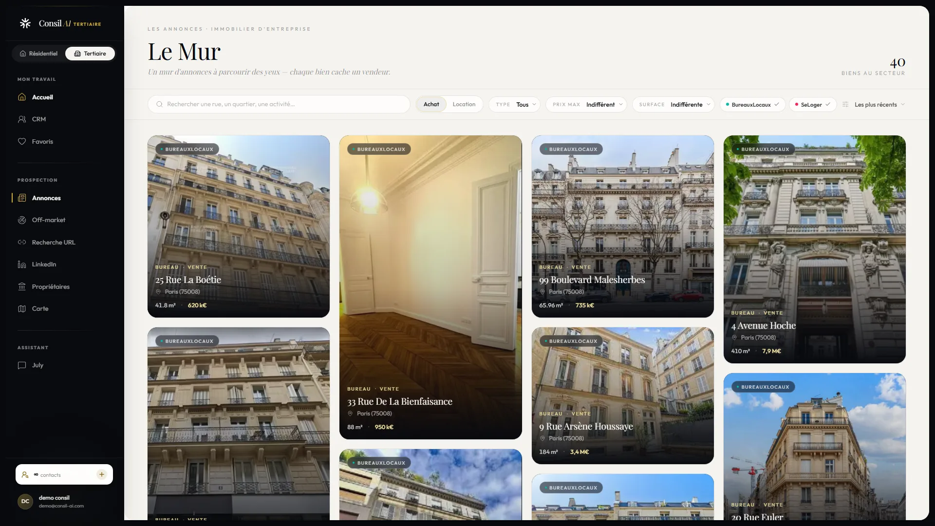 Le mur d’annonces de bureaux et de commerces dans Consil AI