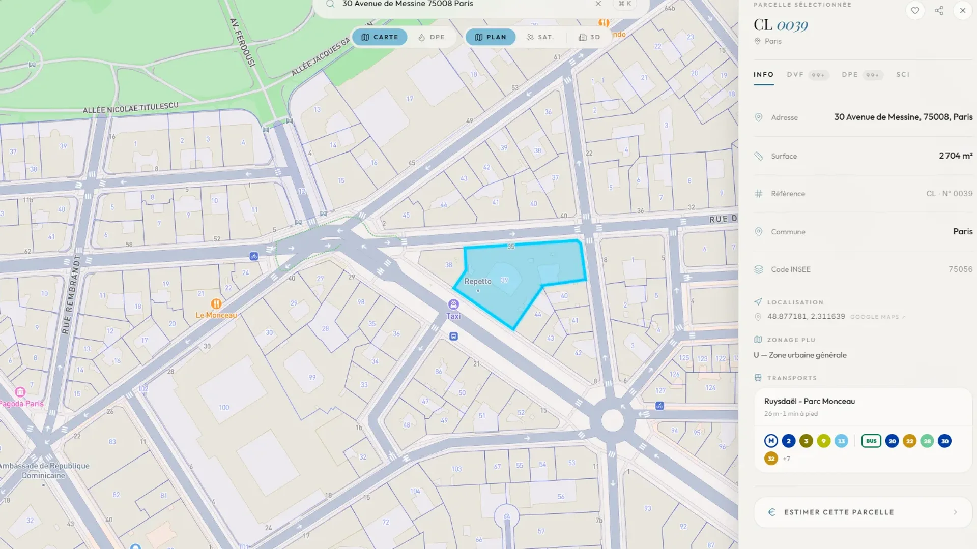 La parcelle cadastrale dessinée sur le plan, et sa fiche : adresse, surface, référence cadastrale, code INSEE, zonage PLU, avec les onglets DVF, DPE et SCI